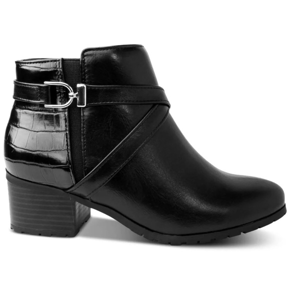 Black Croc Franccess Almond Toe Block Heel Booties - Picture 4 of 8